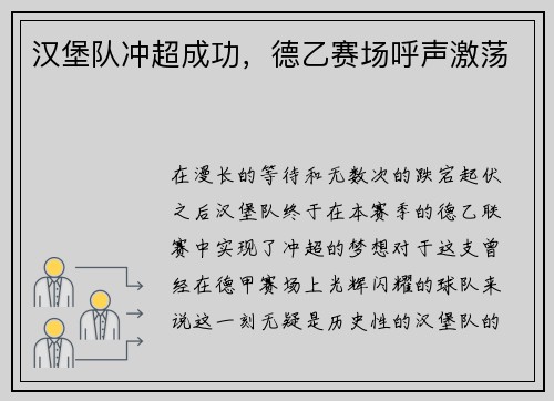 汉堡队冲超成功，德乙赛场呼声激荡