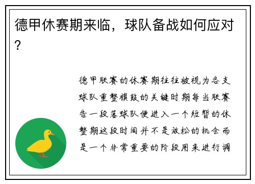 德甲休赛期来临，球队备战如何应对？